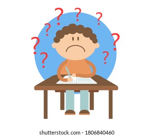 The student sits at the table and solves a difficult problem. Cartoon. Vector illustration.