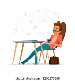 The student sits at the table and uses a smartphone for games and social networks. Educational concept. Cartoon character design of girl student.