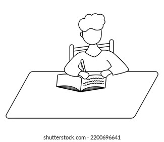 The student sits at the table and writes in a notebook with a pen. Sketch. Vector illustration. The boy does his homework while sitting on a chair. Doodle style. Outline on isolated background. 