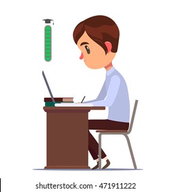 Student sitzt hinter dem Schreibtisch und lernt. Hochschulniveau höher. Vektorzeichen.