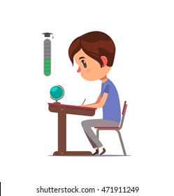 Student sitting behind desk and studying. Secondary school level up. Vector character.