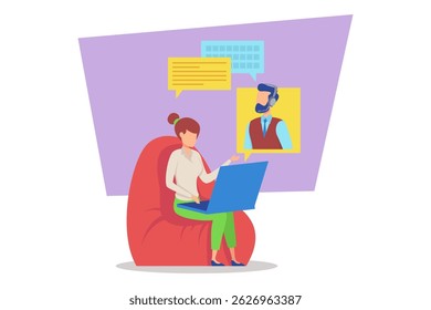 Student sitting comfortably on bean bag, engaging in online education session. Student communicating with instructor displayed on screen, highlighting modern learning methods