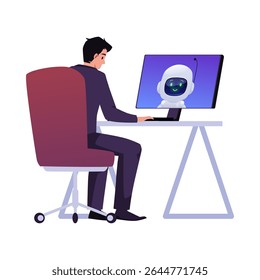 Student sitting at computer desk, communicating with Chatbot. Digital learning. Character is engaged. E-learning and innovation. Vector illustration. Flat cartoon style. Isolated background.