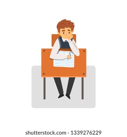 Student Sitting at Desk in Classroom, Schoolboy Studying at School, College Vector Illustration