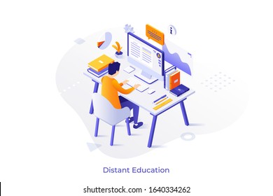 Student sitting at desk with computer and studying. Distant education, getting university degree online, internet learning, digital knowledge, virtual courses. Modern isometric vector illustration.