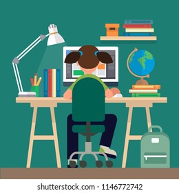 Student sitting at the desk, learning with computer. Concept illustration in flat style, online learning, education, office work, school or university