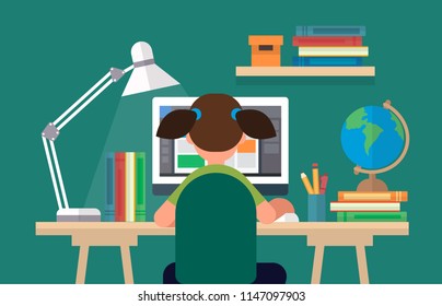 Student sitting at the desk, learning with computer. Concept illustration in flat style, online learning, education, office work, school or university