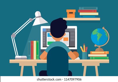 Student sitting at the desk, learning with computer. Concept illustration in flat style, online learning, education, office work, school or university