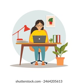 Student sitting at the desk, learning with computer. Illustration in flat style, online learning, education, office work, school or university
