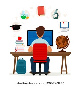 Student sitting at desk in online learning process. School homework. Surfing internet. Concepts of education and e-learning isolated on white background. Vector illustration.