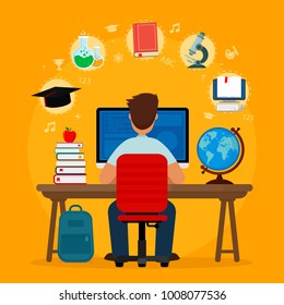 Student sitting at desk in online learning process on orange background. School homework. Surfing internet. Concepts of education and e-learning. Vector illustration. Flat design.