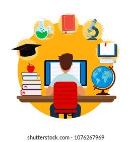Student sitting at desk in online learning process. School homework. Concepts of education and e-learning. Vector illustration in flat style. EPS10.