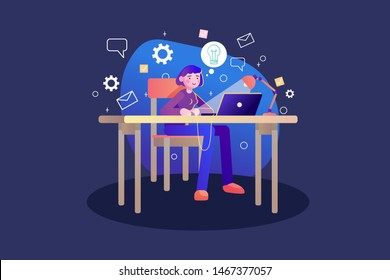 Student sitting at desk in online learning process working with laptop. Young woman with social media and education infographics symbols. Creative work concept