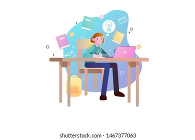 Student sitting at desk in online learning process working with laptop. Young woman with social media and education infographics symbols. Creative work concept