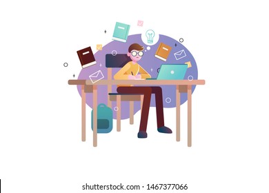 Student sitting at desk in online learning process working with laptop. Young man with social media and education infographics symbols. Creative work concept