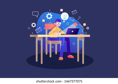 Student sitting at desk in online learning process working with laptop. Young man with social media and education infographics symbols. Creative work concept