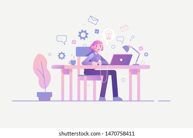 Student sitting at desk in online learning process working with laptop. Young woman with social media and education infographics symbols. Creative work concept