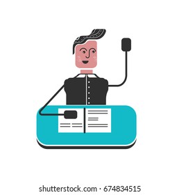  Student sitting at the desk with raised hand. Student raising hand in the classroom for an answer. Clever pupil raising his hand at lesson.Funny vector flat design illustration. 