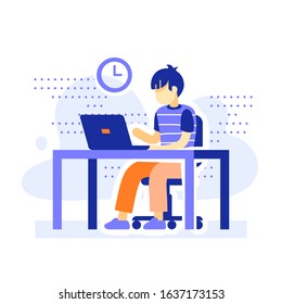 Student sitting at desk, school boy doing homework behind computer, staying at home, online learning, distant education, internet course, study and research, vector flat illustration