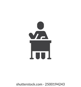 Estudiante sentado en el ícono del Vector de escritorio. cartel plano lleno para el concepto móvil y el Diseño web. Estudiante levantando el icono de glifo de la mano. Símbolo, ilustración del logotipo. Gráficos de Vector