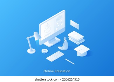 Student sitting in front of computer display, textbooks, lamp, graduation cap. Concept of internet university degree, online learning, academic knowledge. Modern white isometric vector illustration.