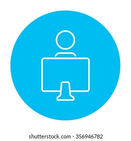 Student sitting in front of the computer monitor line icon for web, mobile and infographics. Vector white icon on the light blue circle isolated on white background.