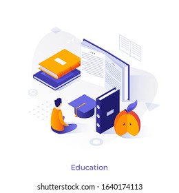 Student sitting in front of open book or textbook and reading, studying, preparing for examination. Concept of school, college or university education, knowledge. Modern isometric vector illustration.