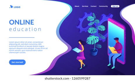 Student sitting in huge mobile phone and reading book and girl reading. Online reading, online education and courses, e-learning software concept. Isometric 3D website app landing web page template