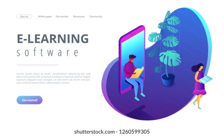 Student sitting in huge mobile phone and reading book and girl reading. Online reading, online education and courses, e-learning software concept. Isometric 3D website app landing web page template