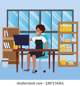 Student sitting in library desk background