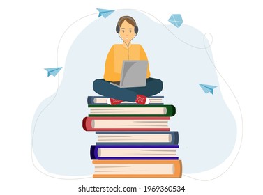 A student sitting on books, education concept, home work concept, flat vector illustration