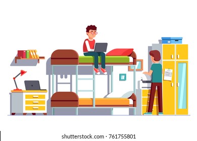 Student sitting on bunk bed using laptop computer. Dormitory room interior, wardrobe, bedside table, printer. Two teen brothers sharing bedroom. Friends study home together. Flat vector illustration.