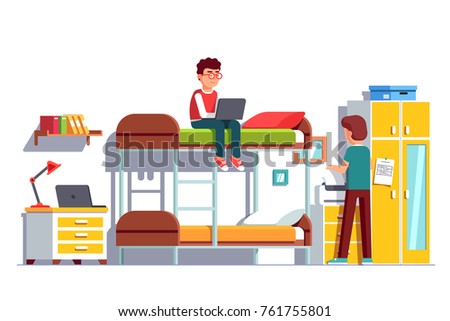 Student sitting on bunk bed using laptop computer. Dormitory room interior, wardrobe, bedside table, printer. Two teen brothers sharing bedroom. Friends study home together. Flat vector illustration.