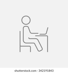 Student Sitting On A Chair In Front Of The Laptop Line Icon For Web, Mobile And Infographics. Vector Dark Grey Icon Isolated On Light Grey Background.