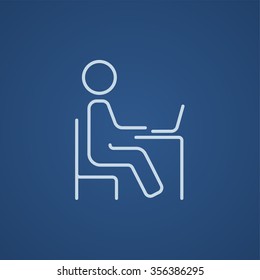 Student sitting on a chair in front of the laptop line icon for web, mobile and infographics. Vector light blue icon isolated on blue background.