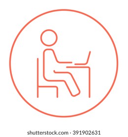 Student sitting on chair in front of laptop line icon.