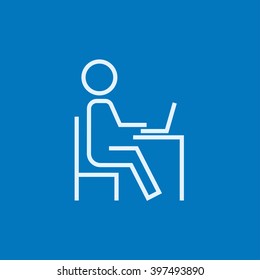 Student sitting on chair in front of laptop line icon.