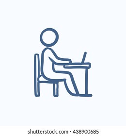 Student sitting on chair in front of laptop vector sketch icon isolated on background. Hand drawn Student working on laptop icon. Student working on laptop sketch icon for infographic, website or app.