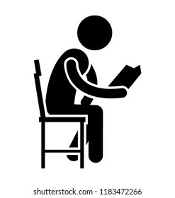 Student sitting on chair holding book gesturing to reading lesson icon