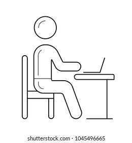 Student Sitting On Chair At The School Desk Vector Line Icon Isolated On White Background. Person Working On Computer Line Icon For Infographic, Website Or App.