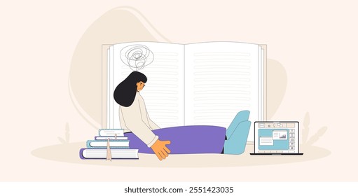 Student sitting on the floor, appearing overwhelmed and stressed, surrounded by books and a laptop, symbolizing study pressure. Vector flat illustration