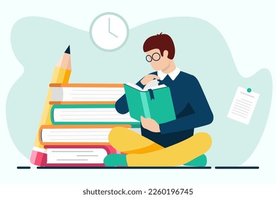 Student sitting on the floor and reading a book. Vector illustration in flat style