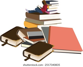 Estudiante está sentado en una Grande pila de libros leyendo un libro de texto