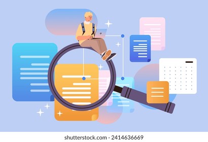 student sitting on magnifying glass and using laptop online research e-learning distance education concept horizontal