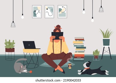 Student sitting on pillow on floor with paper open book to read and study vector illustration. Cartoon girl learn in cozy home apartment, funny pets play background. Knowledge, lifestyle concept