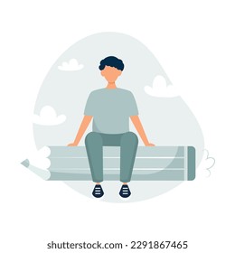 Student sitting on the rocket pencil. Young man flying in the clouds on the pencil. Flat vector illustration. Minimal style design