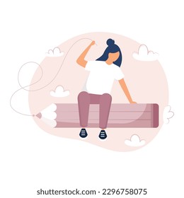 Student sitting on the rocket pencil. Graduate Young woman flying in the clouds on the bigpencil. Flat vector illustration. Minimal style design