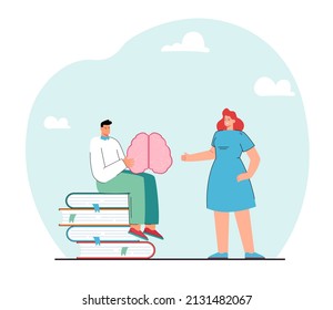 Student sitting on stack of books and holding brain. Boy learning information from teacher flat vector illustration. Education, knowledge concept for banner, website design or landing web page