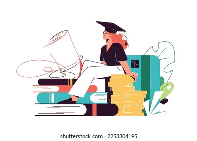 Estudiante sentada en pilas de monedas y libros, el costo de la educación concepto ilustración vectorial. Tarjeta bancaria y hojas al fondo. Pagando por la educación.