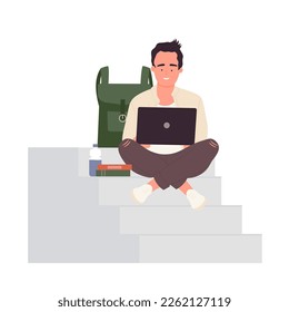 Student sitting on stairs with laptop. Male school pupil learning on internet vector illustration